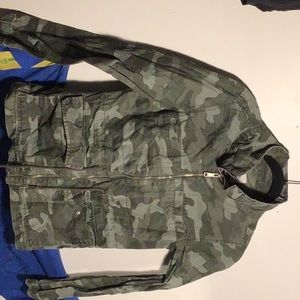 green, camouflage zip up jacket